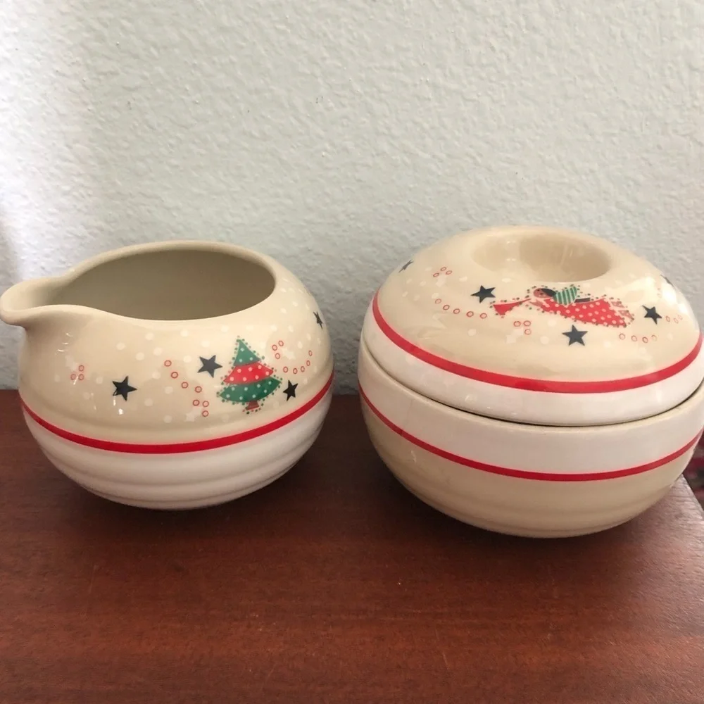 1970s MCM Epoch Brand Winter Holiday Cream and Sugar Set Angel Tree Model